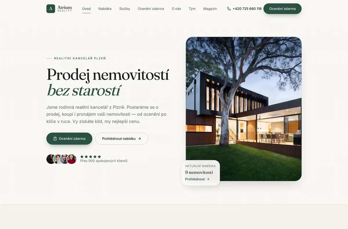 Náhled webu Atrium Reality — Realitní kancelář, Plzeň