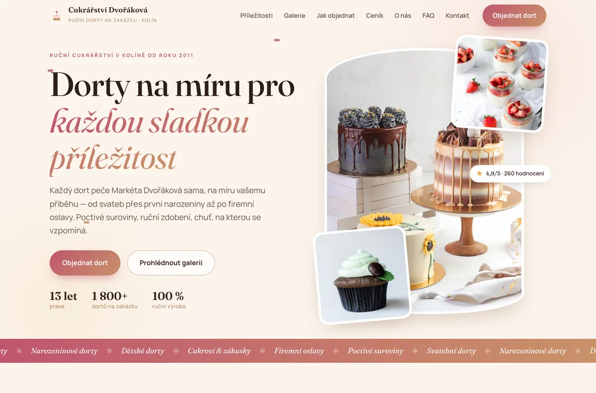 Náhled webu Cukrářství Dvořáková — Dorty na zakázku, Kolín