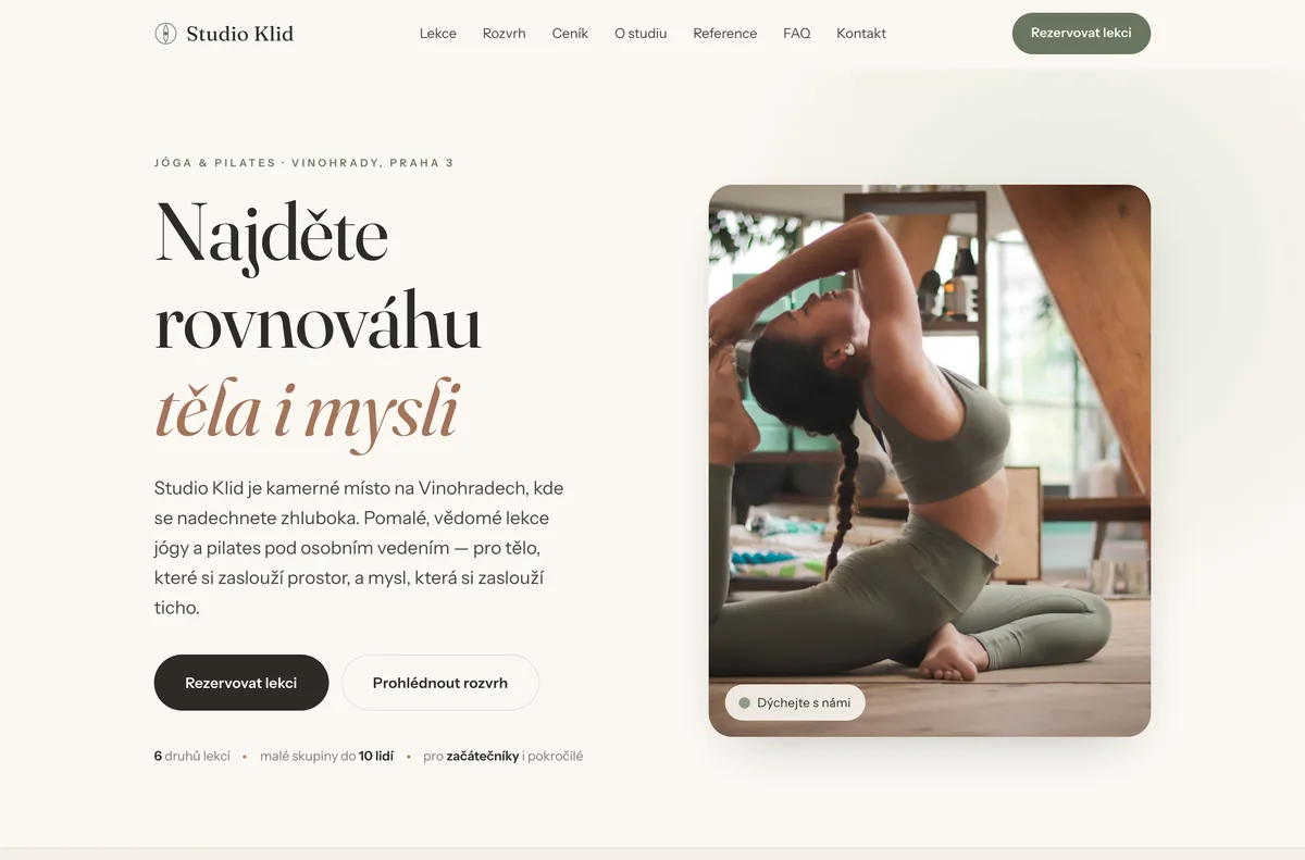 Náhled webu Studio Klid — Jóga a pilates, Praha 3