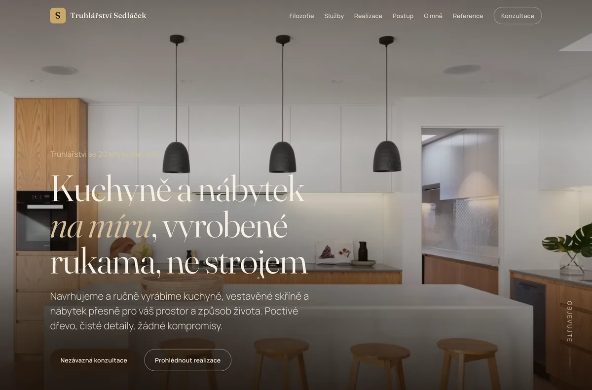 Náhled webu Truhlářství Sedláček — Kuchyně na míru, Zlín