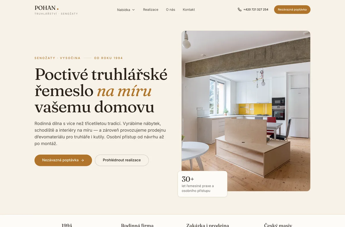Náhled webu Truhlářství POHAN — Truhlářství, Senožaty · Vysočina