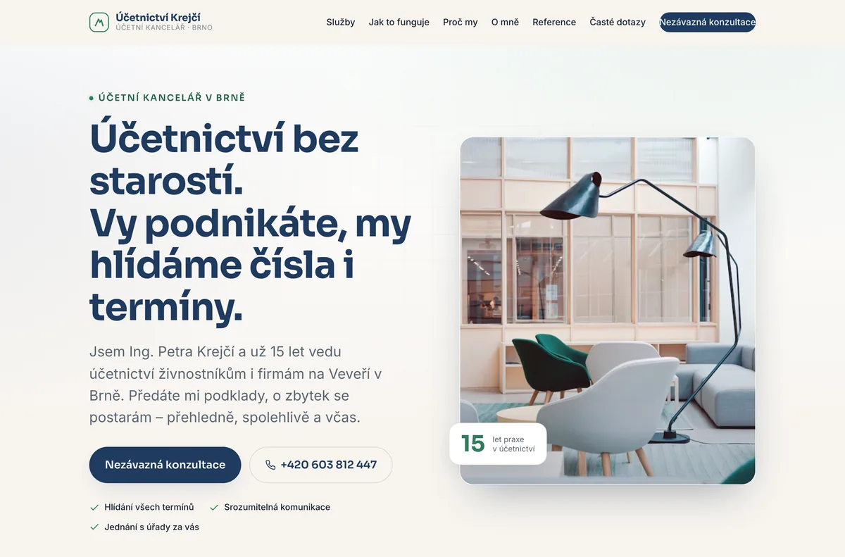 Náhled webu Účetnictví Krejčí — Účetní, Brno