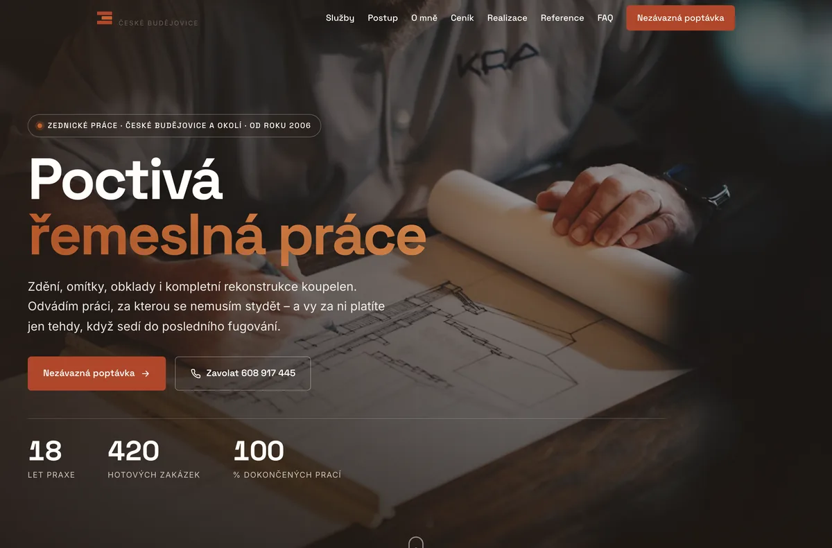 Náhled webu Zednictví Beneš — Zednické práce, České Budějovice
